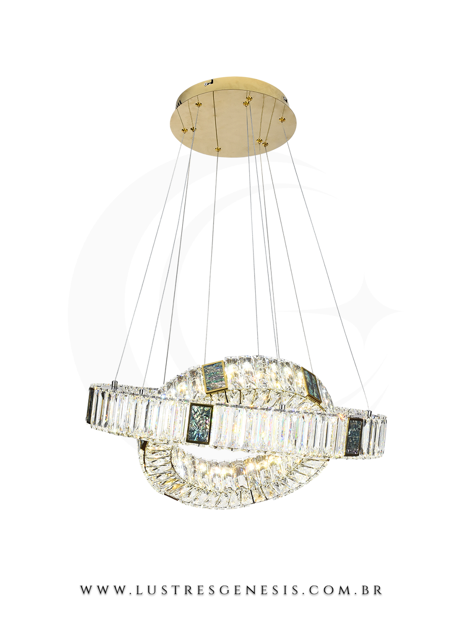 Lustre pendente aliança duplo de cristal Vortex Sindora, ideal para sala de jantar, sala de estar ou quartos, com design sofisticado e acabamento dourado.